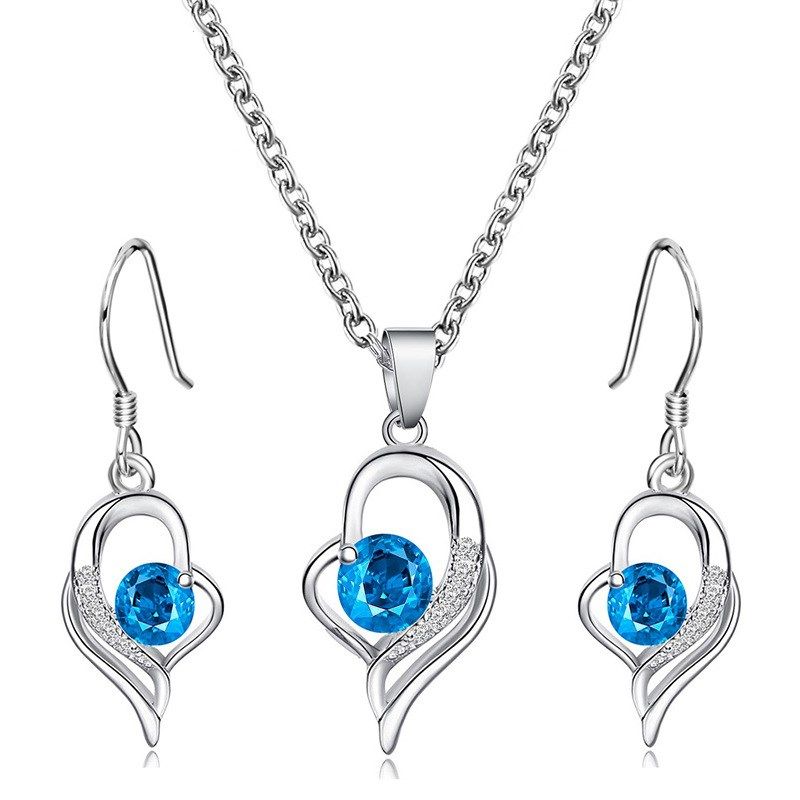 Simple Blue Diamond Clavicle Chain Love Necklace Earrings Set