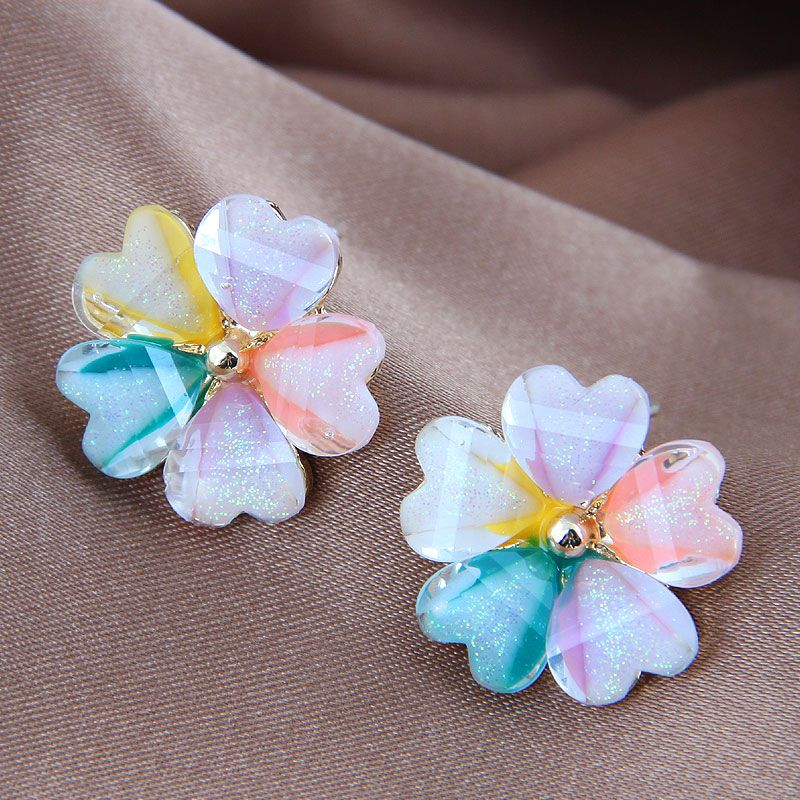 925 Silver Needle Korean Fashion Sweet And Colorful Alloy Flower Earrings