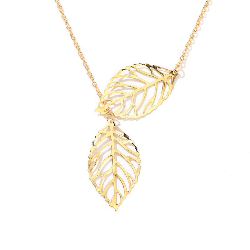 Fashion Metal Colorful Hollow Tree Leaf Two Large Leaf Pendant Necklace