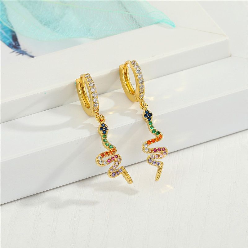 Fashion Micro-inlaid Cross Color Zircon Snake Exquisite Diamond-set Color Zirconium Sun Small Copper Earrings