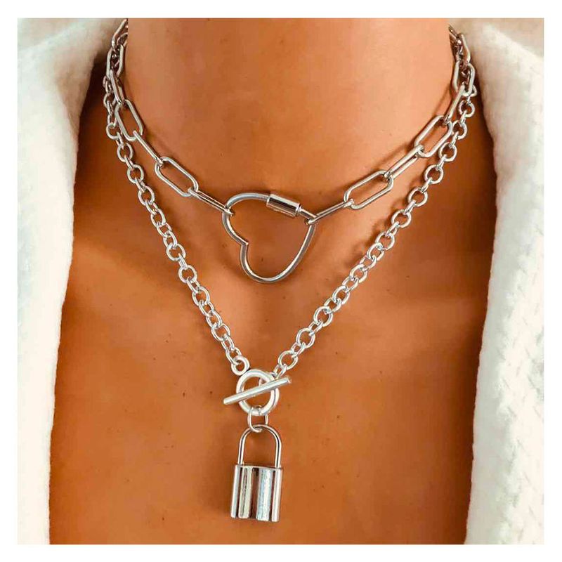 Fashion Retro Silver Chain Love Lock Alloy Pendant Necklace For Women