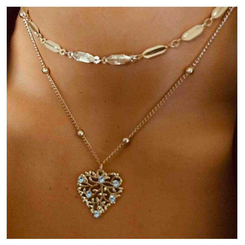 Europäische Und Amerikanische Legierung Liebes Anhänger Doppels Chicht Halskette Damen Persönlichkeit Mode Gold Kette Halskette Halskette Damen 14230