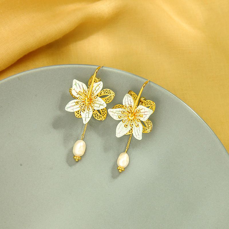 925 Silver Needle Long Fairy Freshwater Pearl Flower Alloy Earrings