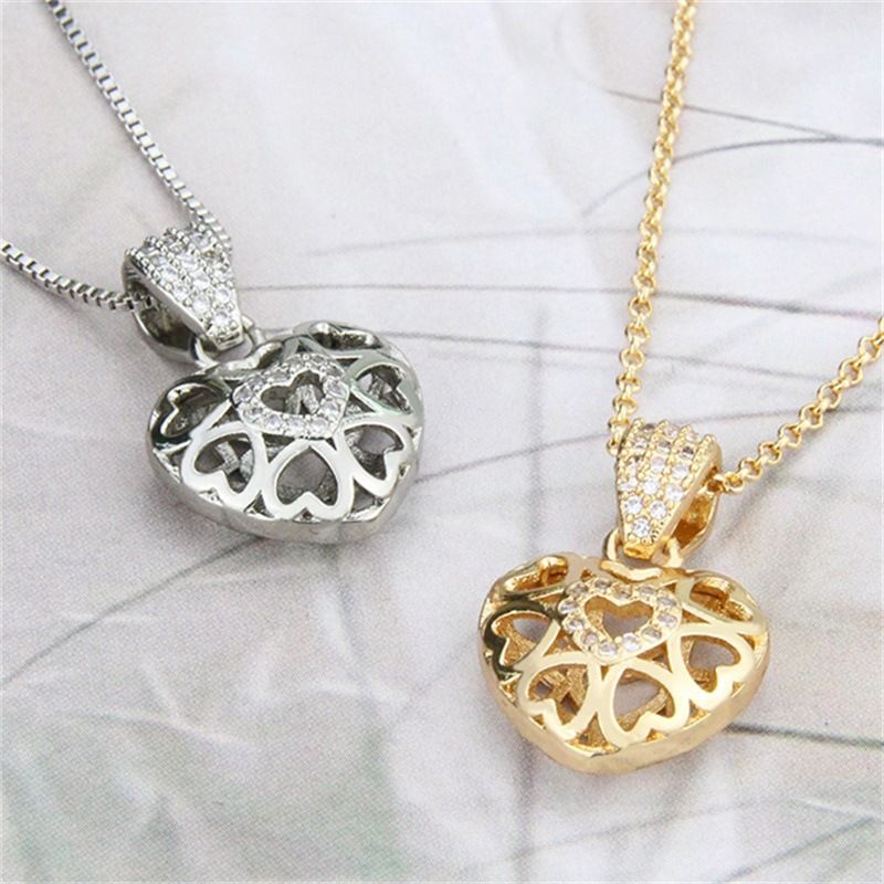 Fashion Simple Inlaid Zirconium Hollow Heart-shaped Copper Necklace New Love Pendant