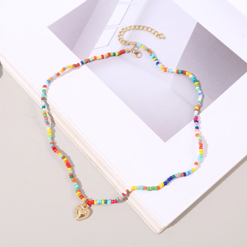 Bohemian Hand-woven Rice Beads Love Necklace Color Beaded Pendant Jewelry