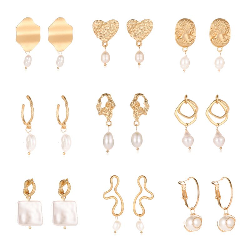 New Fashion Hollow Simple Geometric Freshwater Pearl Metal Earrings