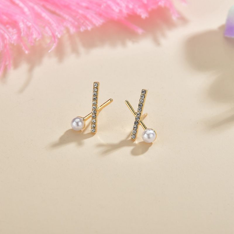 Diamant Gekreuzte Perle S925 Silberne Nadel Ohrringe Weibliches Metall Temperament Einfache Geometrische Ohrringe Europäische Und Amerikanische Mode Kleine Ohrringe