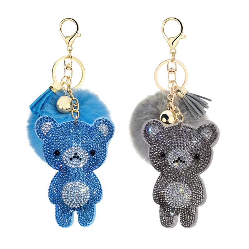 New Korean Velvet Hot Rhinestone Cute Bear Hair Ball Keychain Pendant Pompom Jewelry Bag Ornament Accessories