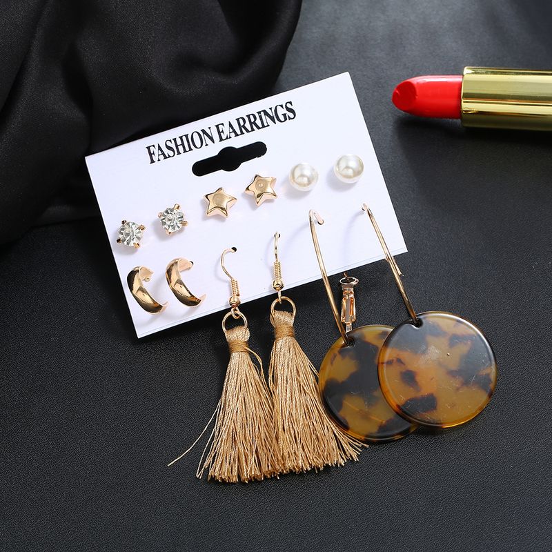 Fashion Circle Leopard Tassel Pearl Five-pointed Star Six-piece Set Hot Sale Earrings
