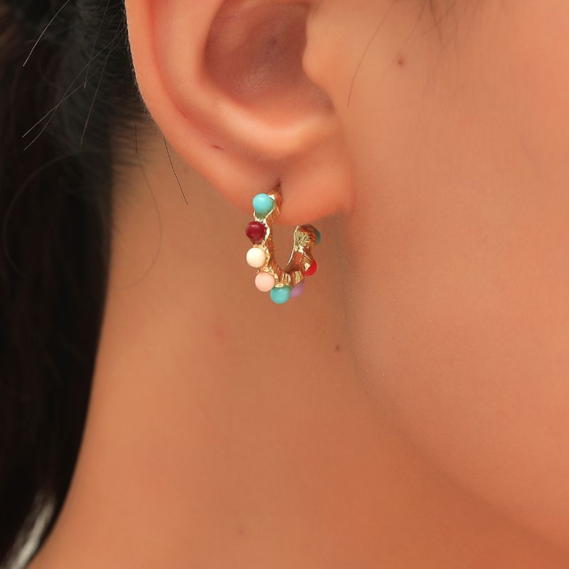 Retro C Shape Alloy Artificial Gemstones Earrings Ear Studs