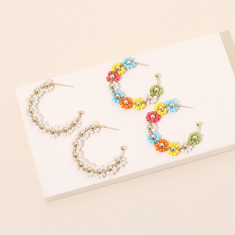 Fashion Handmade Flowers C-shaped Rice Beads Niche Bohemian Women's Earrings