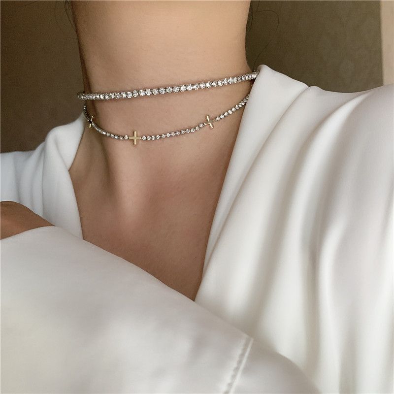 Gargantilla De Collar De Clavícula Con Costura De Cruz De Diamantes De Todo Fósforo Minimalista Diario Coreano