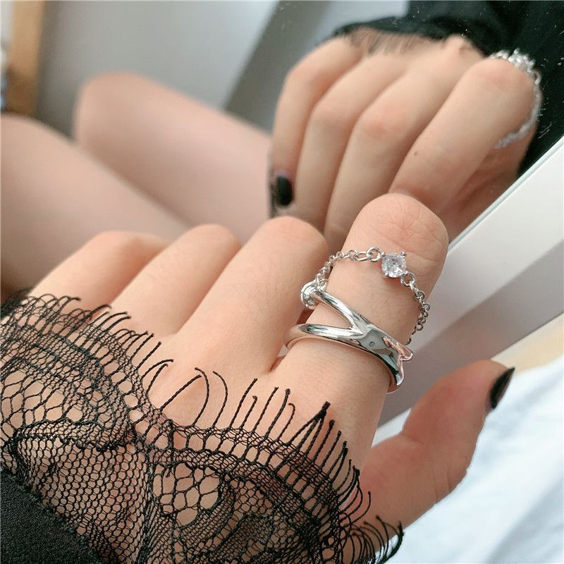 Simple Silver Double-layer Chain Diamond Ring Fashionable Adjustable Middle Finger Wholesale Nihaojewelry