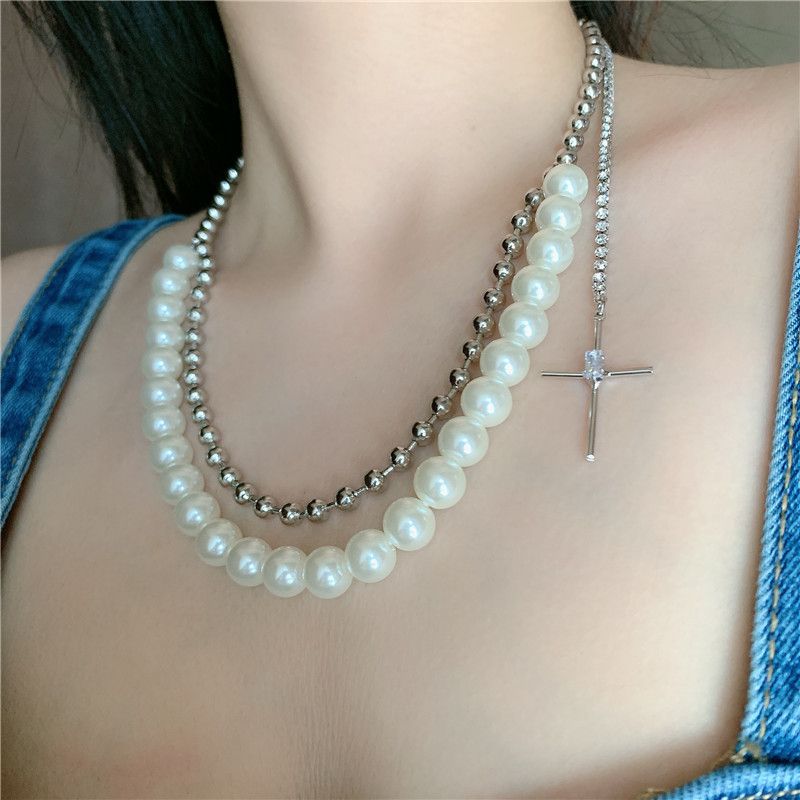 Retro Pearl Double Round Bead Cross Diamond Short Clavicle Chain Necklace For Women
