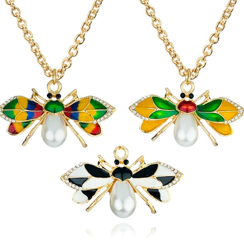 New Fashion Simple Alloy Painting Oil Bee Pearl Rhinestone Insect Shape Necklace Pendant