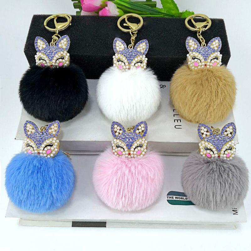 Fashion Alloy Fox Diamond Pearl Rex Rabbit Fur Ball Keychain