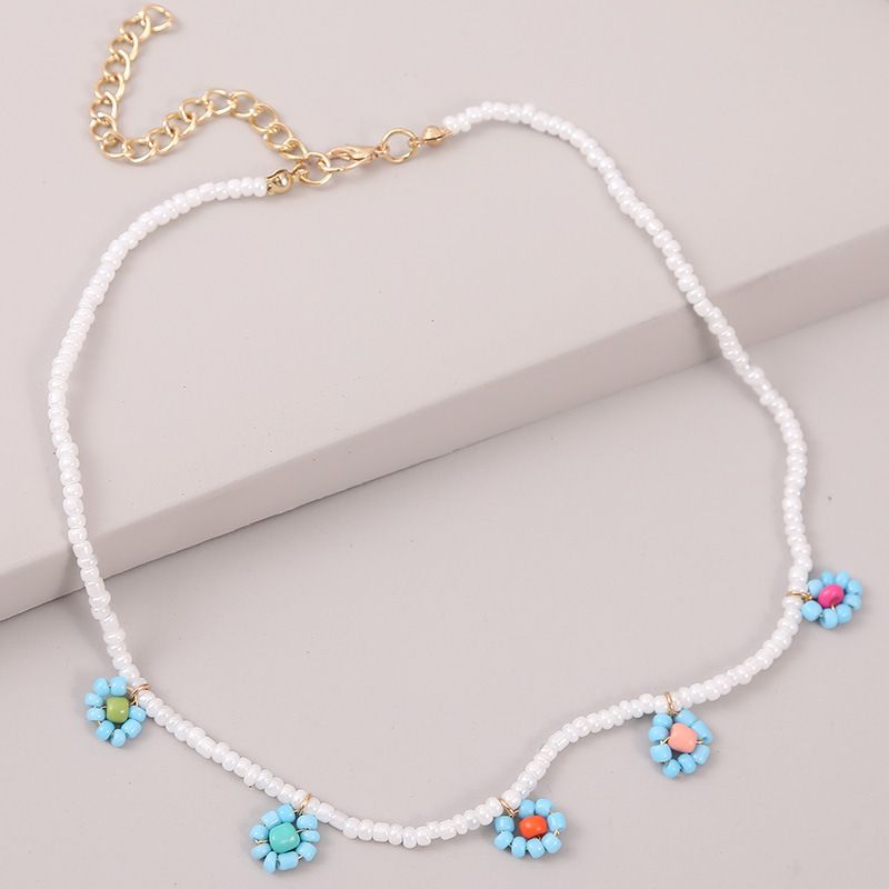 Fashion Long Hand-woven Rice Bead Flower Necklace