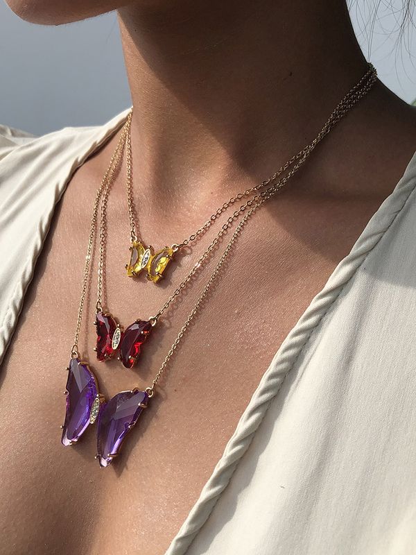 Fashion Butterfly Multicolor Glass Diamond Simple Trend Alloy Pendant Necklace Wholesale