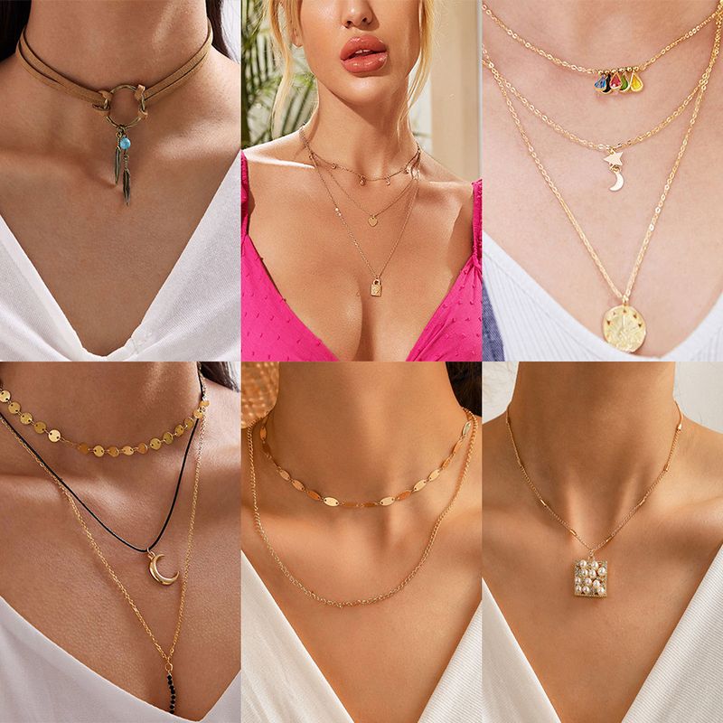 Fashion Turquoise Feather Love Moon Alloy Five-star Square Pearl Pendant Necklace For Women