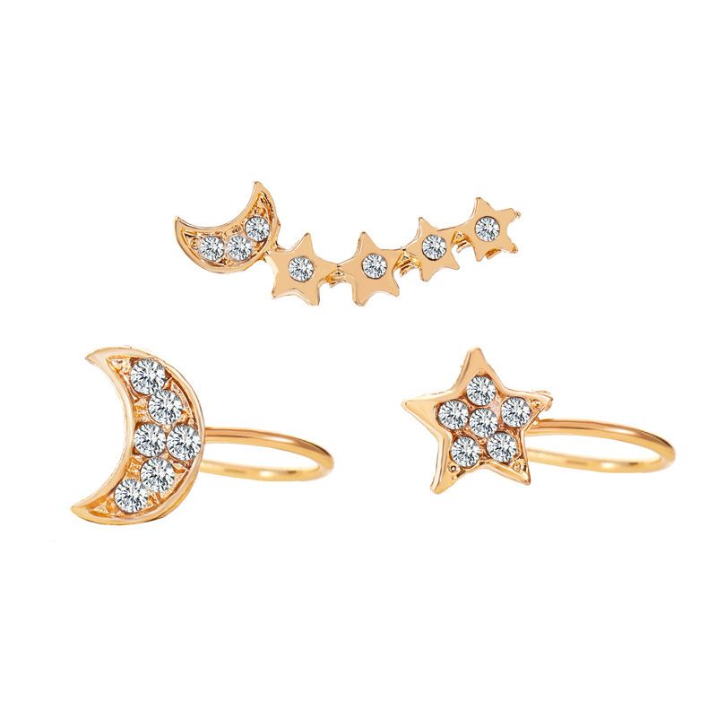 Studded With Diamonds Stars And Moon Women's 3-piece Trend Alloy Earrings