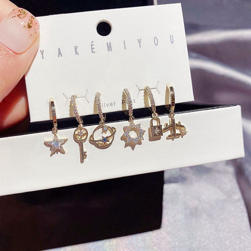 Korean Simple Zircon Micro-inlaid Mans Star Key Planet Earrings 6-piece Set