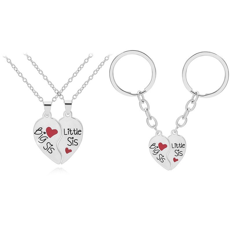 New English Big Middle Little Two-petal Love Stitching Necklace Key Chain Set