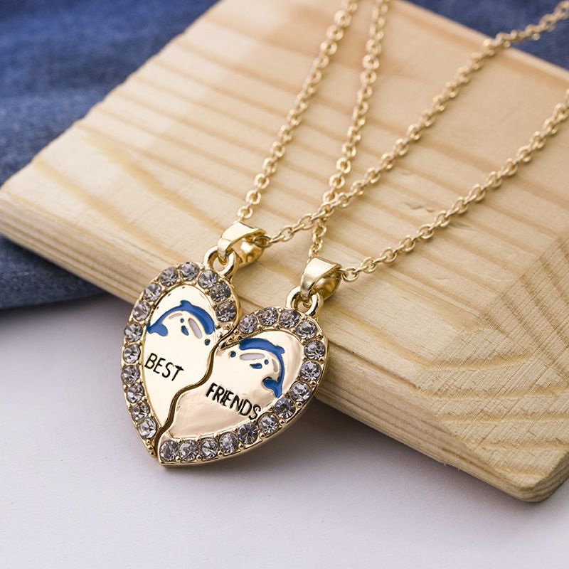 Fashion New Best Friends Love Dolphin Diamond Alloy Pendant Necklace