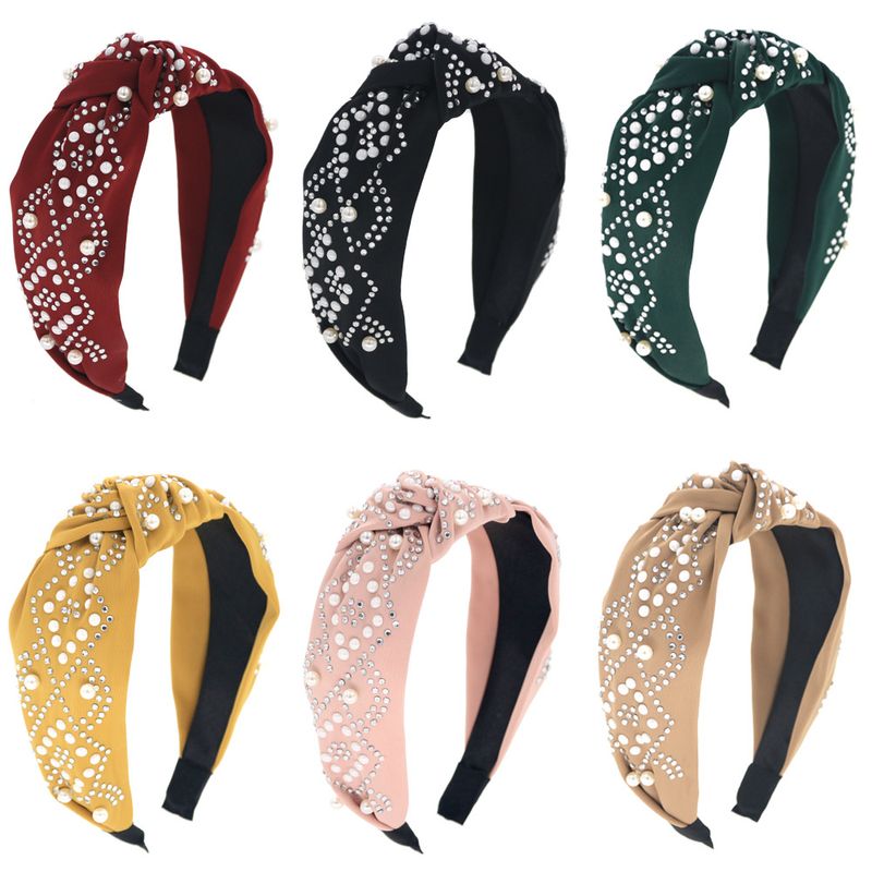 Hot Sale Satin Cloth Knotted Beaded Pearl Plastic Diamond Six-color Hair Accessories Fashion Headband