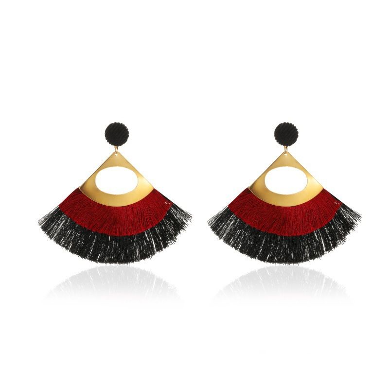 New Exaggerated Double-layer Fan-shaped Bohemian Retro Tassel Earrings Wholesale Nihaojewelry