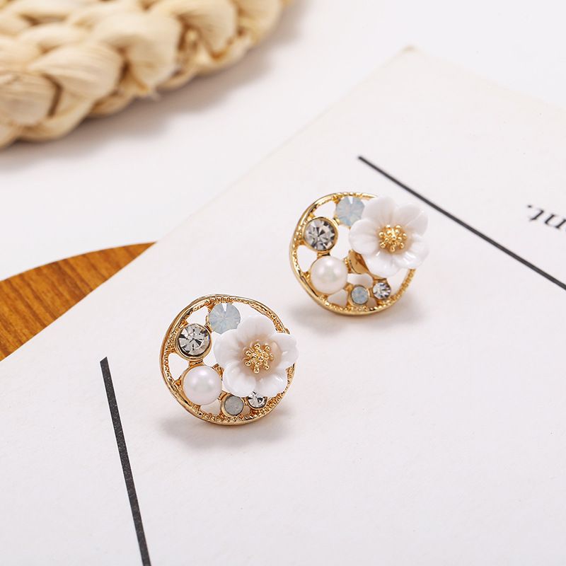 S925 Silver Needle Flower Geometric Round Hollow Diamond Simple Pearl Earrings Wholesale Nihaojewelry