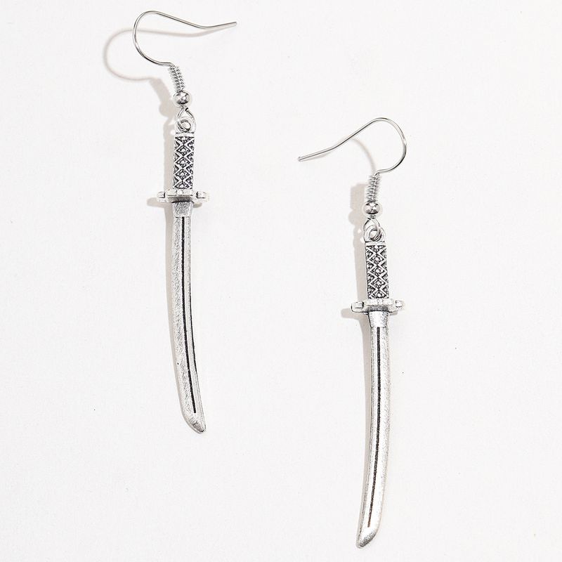 Fashion Exaggerated Simple Shape Carved Sword Silver Ear Hook Earrings For Men And Women