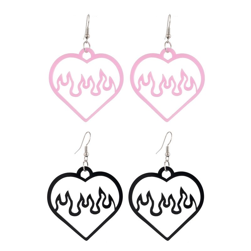 Simple Two-tone Acrylic Black Pink Hollow Love-shaped Spark Flame Earrings 2 Pairs
