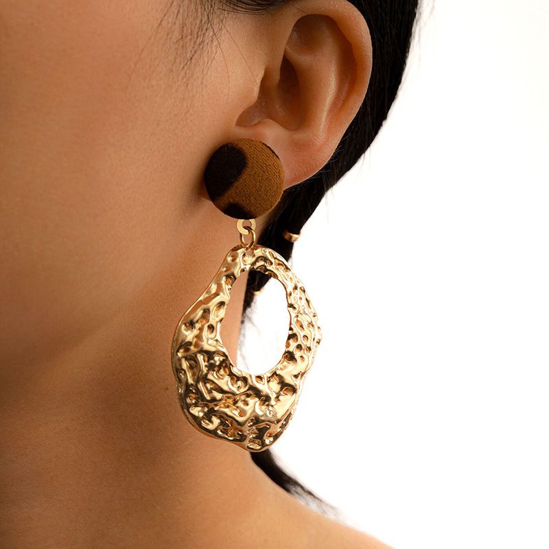 Velvet Leopard Print Long Geometric Metal Exaggerated Earrings Wholesale