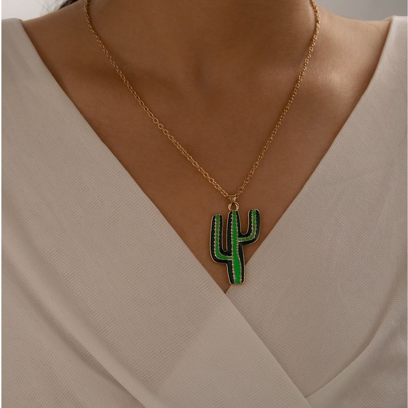 Nouveau Collier De Chaîne De Clavicule Sauvage De Cactus Vert D'or De Fleur De Plante D'alliage