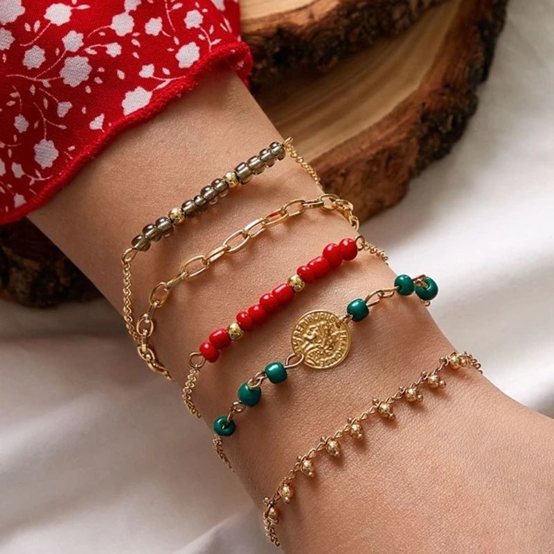 Style Bohème Multicolore Fait À La Main Perlé Géométrique Gland Couleur Riz Perle Alliage Bracelet Ensemble