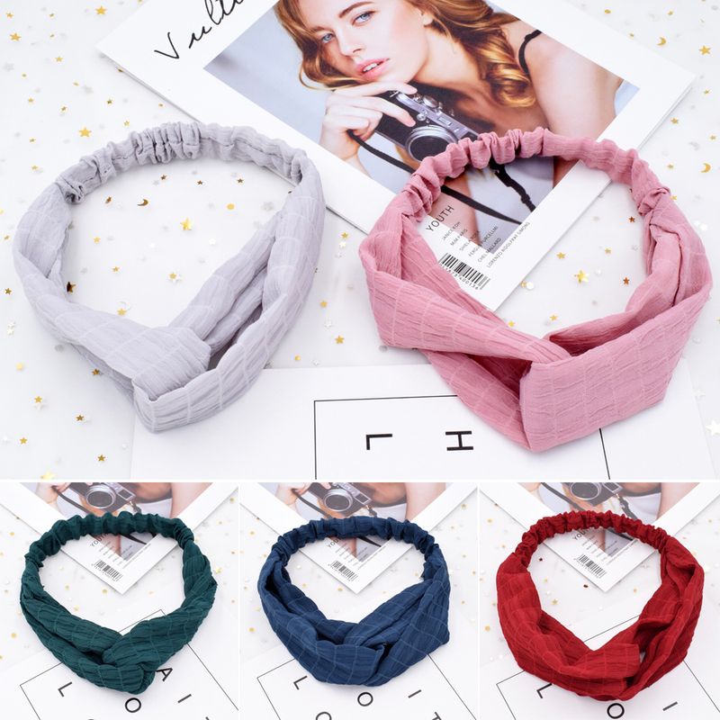Wrinkled Plaid Korean Simple Elastic Cross Pure Color Fabric Headband Wholesale