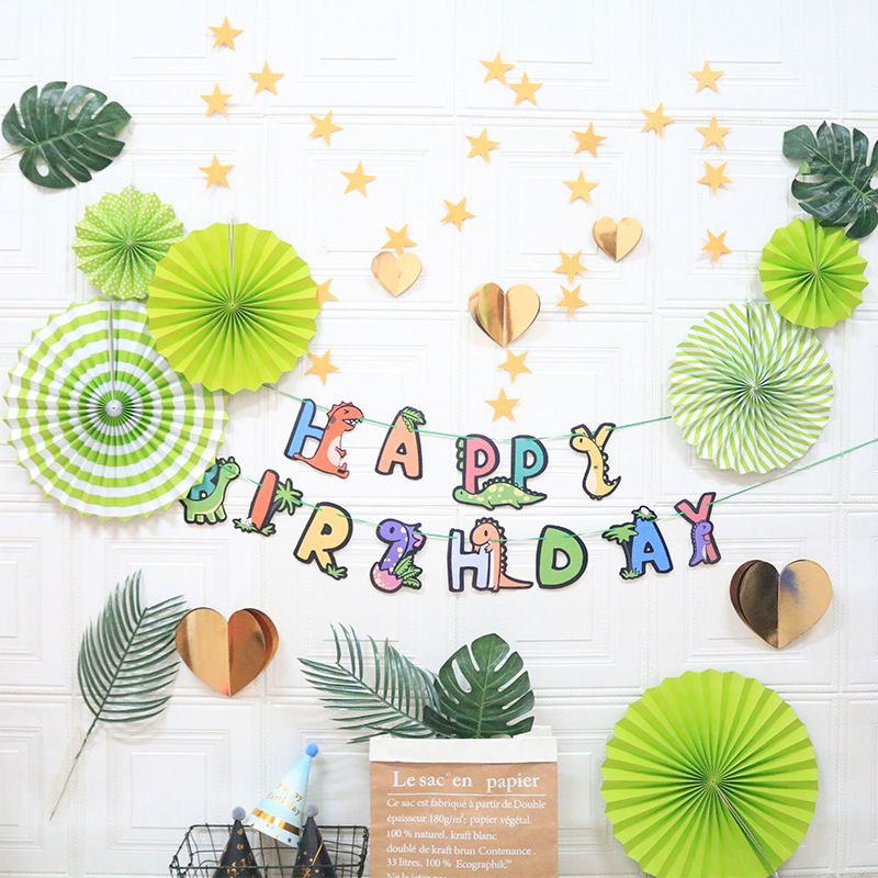 New Dinosaur Birthday Flag Pull Paper Fan Flower Set Wholesale