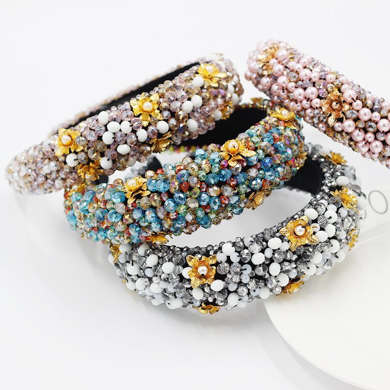 Mode Barock Kristall Perlen Verdickt Schwamm Gold Seide Handgemachtes Perlen Stirnband Weiblich Mit Perlen Eingelegte Blumen Stirnband