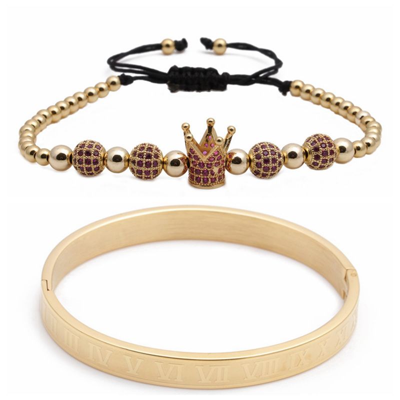 Trendy New Style Heiß Verkaufter Römischer Brief Edelstahl Armband Diamant Ball Krone Gewebt Verstellbares Armband Set
