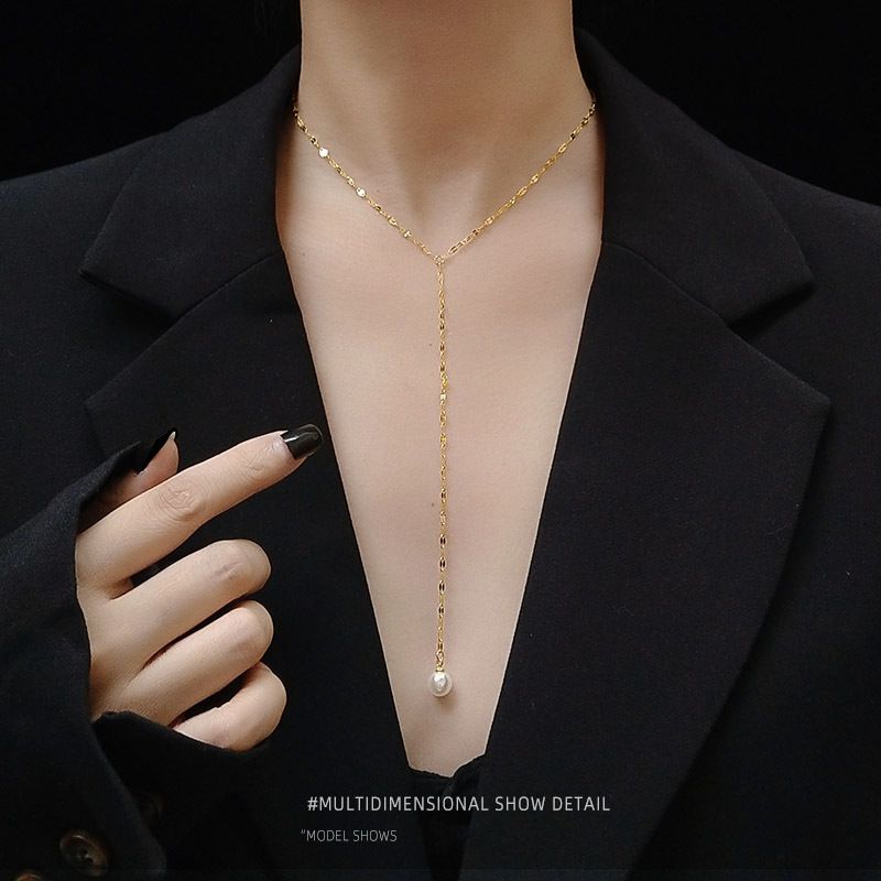 Titanstahl Plattiert 18 Karat Echtgold Quaste Lange Halskette Perle Y-förmiges Schlüsselbein Halskette Set