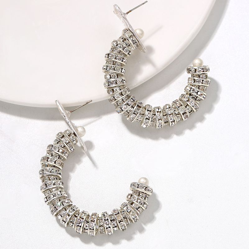 Rhinestone Inlaid Semi-circular Hollow Space Pattern Exaggerated Flashing Diamond Earrings Wholesale