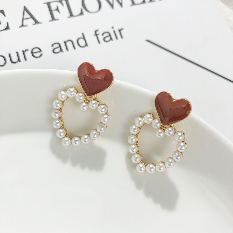 S925 Silver Needle Korean Hollow Love Pearl Sweet Drop Nectarine Heart Stud Earrings Wholesale