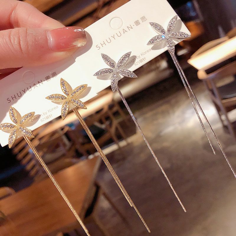 925 Silber Nadel Diamant Fünf Blütenblätter Blume Lange Quaste Koreanische New Fashion Wildlegierung Ohrringe Für Frauen