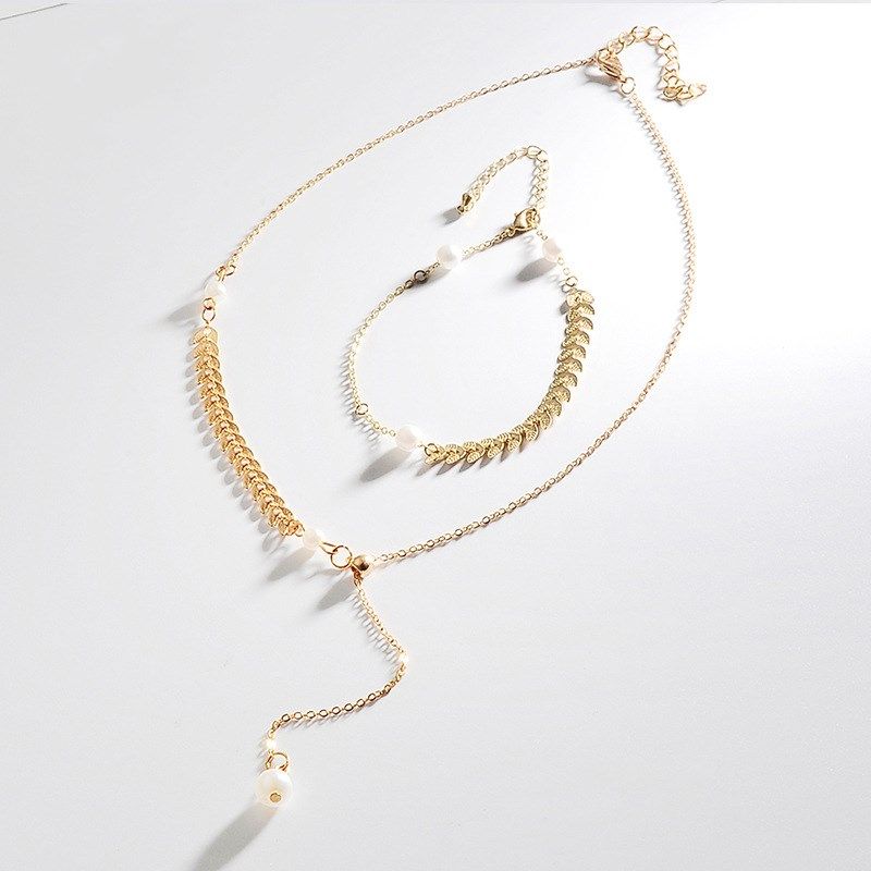 Korean Version Of The Hot Sale Alloy Niche Pearl Necklace Sexy Fishbone Chainwomen's Simple Wheat Ear Clavicle Chain