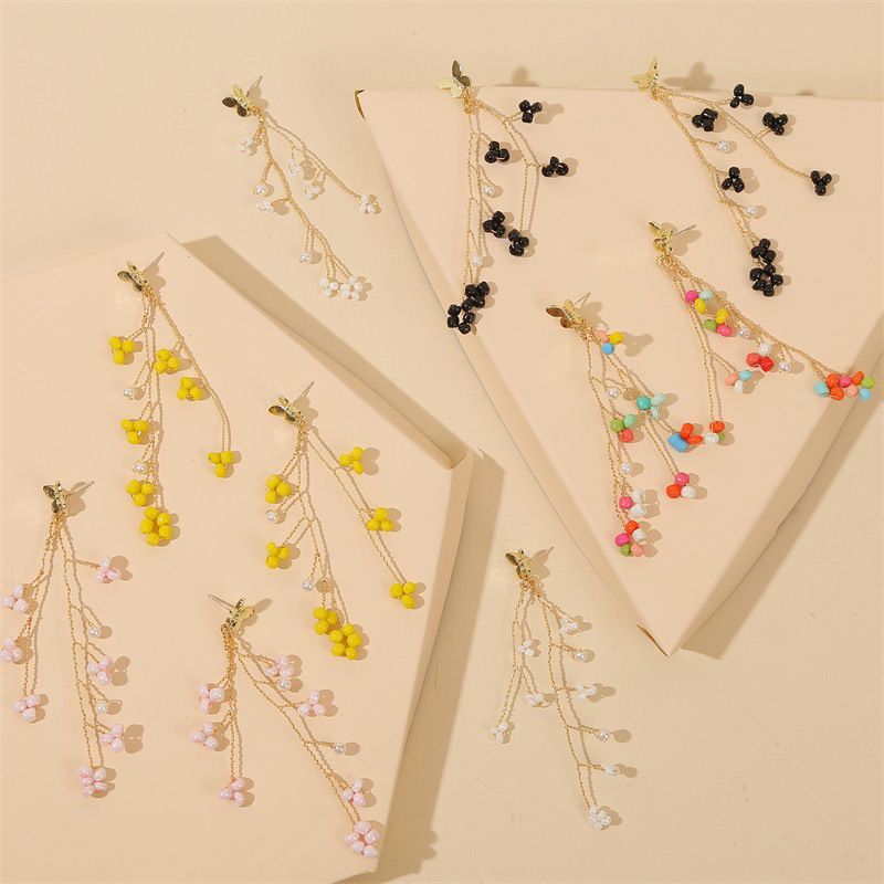 Trendy Long Tassel Leaf Handmade Rice Bead  Cute Woven Resin Earrings Jewelry Wholesale Nihaojewelry