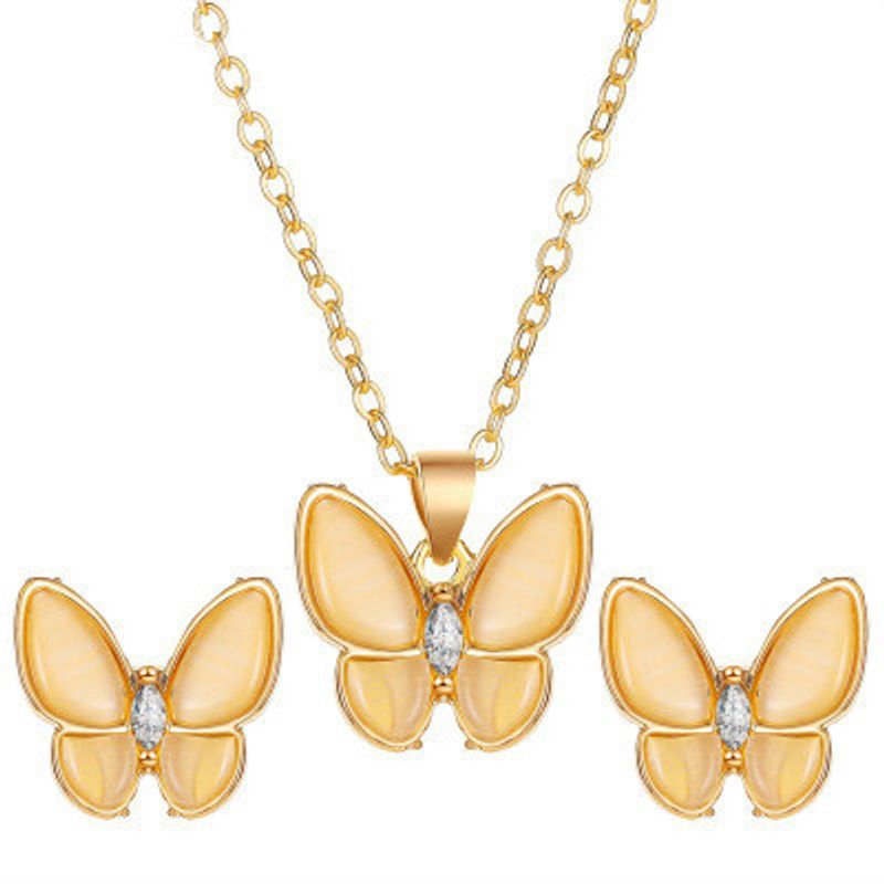 New Set Of Jewelry Opal Butterfly Fashion White Mother-of-pearl Butterfly Alloy Necklace Ladies Earrings Set
