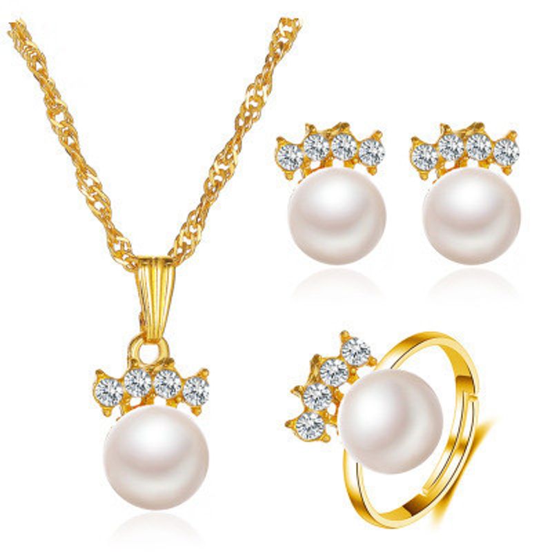 New Fashion With Four Diamonds And Pearl Earrings Ring Necklace Three-piece Set