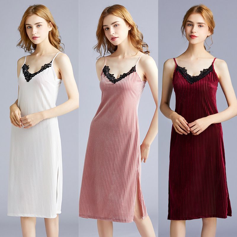 Fashion Velvet New Spring Sexy Suspender Skirt Long Style Can Be Worn Outside Pajamas For Ladies