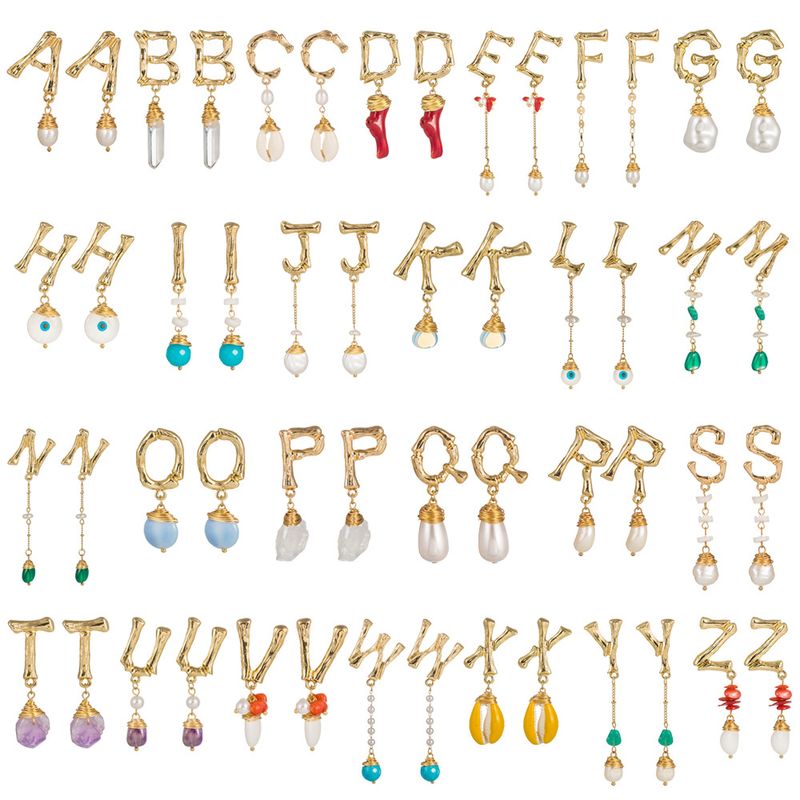 26 English Alphabet  Natural Stone Pearl Shell Earrings Jewelry Wholesale Nihaojewelry