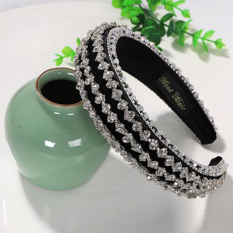 Fashion Casual Striped Silver Transparent Beads Diamond Inlaid Wide Hair Band Wholesale Nihaojewelry